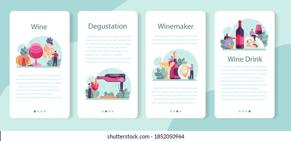 Juego de banner de aplicación móvil de vino. Vino de uva en una botella y vaso lleno de alcohol. Vino rojo con aperitivo. Ilustración vectorial aislada