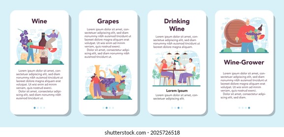 Wine mobile application banner set. Grape wine in a bottle and glass full of alcohol drink. Red wine with appetizer. Isolated vector illustration