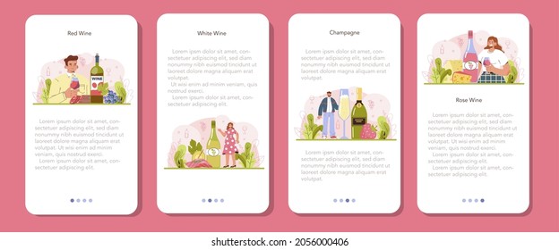 Wine mobile application banner set. Grape wine in a bottle and glass full of alcohol drink. Champagne, red, white and rose wine with appetizer. Flat vector illustration
