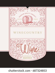 Wine monogram design with floral elements and ornament. Modern elegant wine label.
