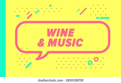 VINO Y MÚSICA en banner de diseño. plantilla vectorial para web, impresión, presentación. Banner simple con una frase mínima. Impresión geométrica plana de moda. Decoración creativa de material vectorial.