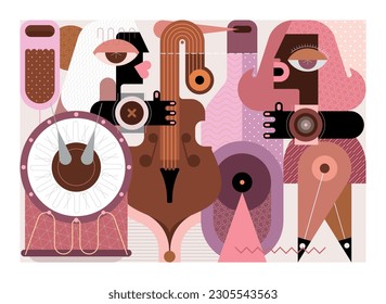 Wine and music vector illustration. A man playing contrabass, woman listen a music and drink wine.