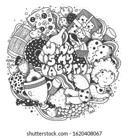 Wine is my Valentine. Greeting card with lettering and doodles.