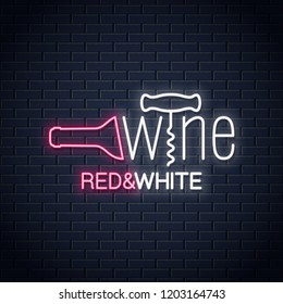 Wine neon banner. Wine bottle and wine corkscrew neon sign on wall background