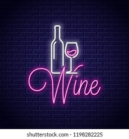 Wine Neon Banner. Bottle And Wine Glass Neon Sign On Wall Background