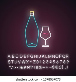 Wine neon light icon. Alcohol bar. Bottle and wineglass. Alcoholic beverage. Glassware for dessert madeira wine. Glowing sign with alphabet, numbers and symbols. Vector isolated illustration