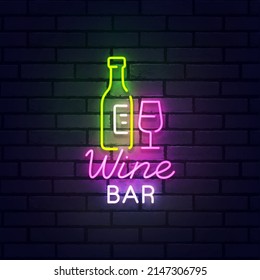Wine neon sign, bright signboard, light banner. Wine Bar logo neon, emblem. Vector illustration