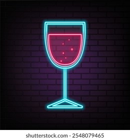 Wine neon sign, bright signboard, light banner. Glass and a bottle of wine logo neon, emblem. Vector illustration.