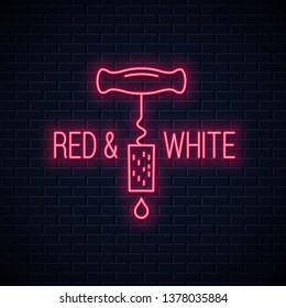 Wine neon sign. Wine screw cap neon banner on wall background