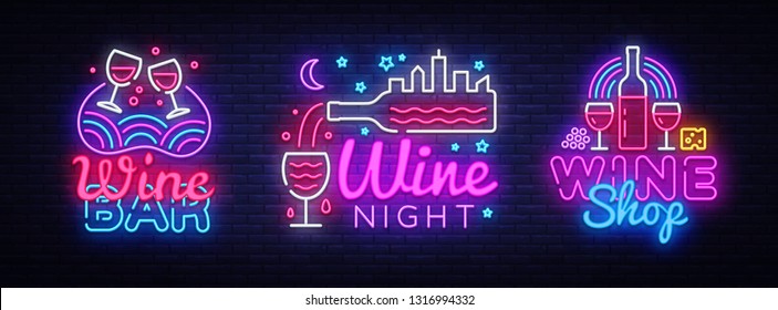 Wine neon signs set design template. Big Collection Wine neon logos, light banner design element colorful modern design trend, night bright advertising, bright sign. Vector illustration