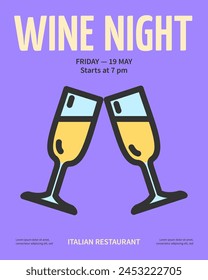 Wine Night Party Concept Placard Poster Banner Card Alcohol Drink Symbol of Congratulation. Vector illustration of Wineglass Toast