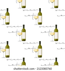 Wine not humor background with red wine. Green bottle, glass of wine and handwritten lettering phrase seamless pattern.