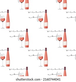 Wine not humor background with rose wine. Slim bottle, glass of wine and handwritten lettering phrase seamless pattern.
