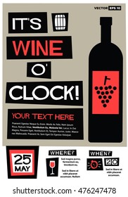 It's Wine o'clock! (Flat Style Vector Illustration Quote Poster Design) Event Invitation Design with Venue and Time