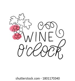 Vino en punto. Cita de amante del vino. Grabado a mano con una uva de color rojo.