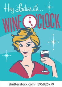 Wine Oclock retro vector illustration of pretty woman drinking wine.