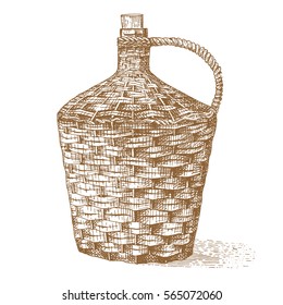 Wine old braided traditional bottle hand drawn engraved old looking vintage illustration in scratchboard style