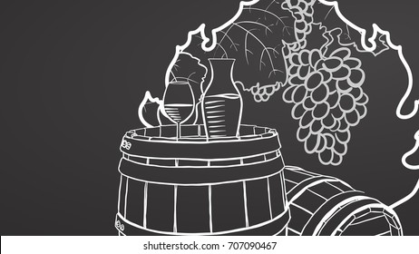 Wine on barrel. Grapes in Leaf Sign. Hand drawn healthy food sketch. Black and White Vector Drawing on Blackboard. 