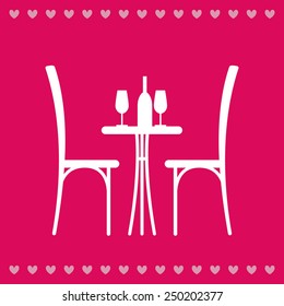 Wine on the table and chair silhouette. Silhouette of a table in a cafe. Table with wine and glass and with a chairs beside him. Interior of the cafe. Table in the restaurant for two.