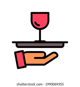 Plantilla de diseño de icono de Wine en la bandeja. Gráfico vectorial de ilustración. icono de estilo de línea de color plano simple aislado en fondo blanco. Perfecto para el diseño de su sitio web, logotipo, símbolos de restaurantes, café