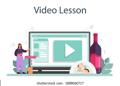 Wine online service or platform. Grape wine in a bottle and glass full of alcohol drink. Red wine with appetizer. Video lesson. Isolated vector illustration