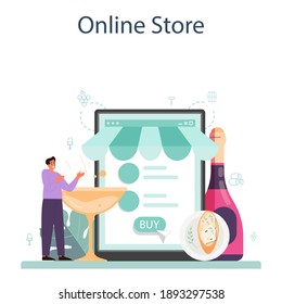 Wine online service or platform. Grape wine in a bottle and glass full of alcohol drink. Red wine with appetizer. Online store. Isolated vector illustration