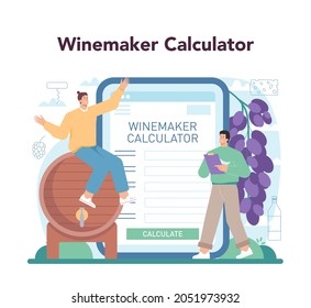 Wine online service or platform. Grape wine in a bottle and glass full of alcohol drink. Red wine with appetizer. Winemaker calculator. Flat vector illustration