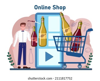 Wine online service or platform. Grape wine in a bottle and glass. Champagne, red, white and rose wine with appetizer. Online shop. Flat vector illustration