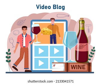 Wine online service or platform. Grape wine in a bottle and glass. Champagne, red, white and rose wine with appetizer. Video blog. Flat vector illustration