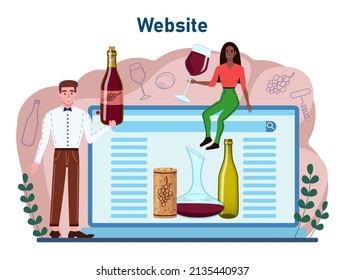 Servicio o plataforma en línea de vino. Vino de uva en una botella y un vaso. Vino de champán, vino tinto, blanco y rosa con aperitivo. Sitio web. Ilustración vectorial plana