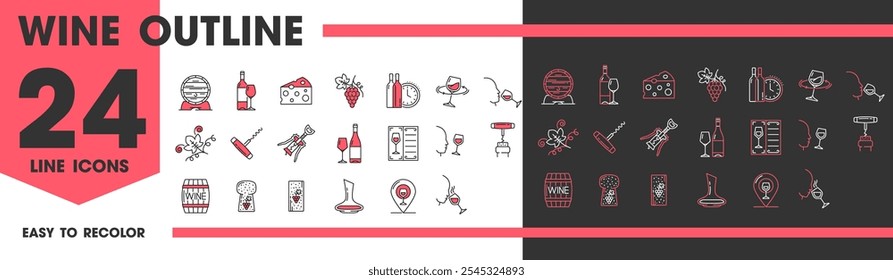 Iconos de contorno de vino, símbolos de bodega y Vector de vinificación de uvas y botellas. Iconos del viñedo o de la bodega de bebidas alcohólicas, barriles de vino en bóveda, sacacorchos y bocadillo de queso o menú y sommelier