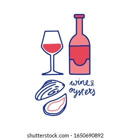 Wine and oysters isolated vector illustration with lettering. Label, logo, menu design, flat, minimalist, blue, red, pink doodle clip art