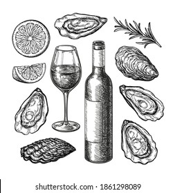 Wine and oysters with lemon and rosemary. Bottle and glass. Ink sketch set isolated on white background. Hand drawn vector illustration. Retro style.