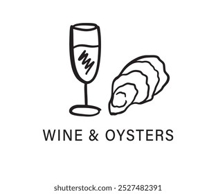 Modelo de design de logotipo de restaurante de vinho e ostras. Estilo Minimalista do emblema do esboço desenhado à mão. Ilustração de vetor 