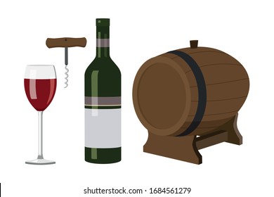 Wine pack, bottle and glass of red wine, corkscrew and wine barrel, 
leisure with a drink, alcohol