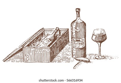 wine in package, box for gift engraved illustration hand drawn in old style.