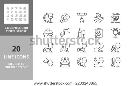 Wine and wine pairing. Thin line icon set. Outline symbol collection. Editable vector stroke. 64 and 256 Pixel Perfect scalable to 128px