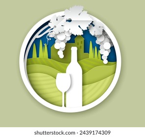 Wine paper art craft style round frame emblem with bottle and wineglass, grapes bunch over vineyard landscape vector illustration