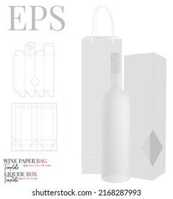 Wine Paper Bag and liquor box set. Vector with die cut, laser cut layers. White Wine Bag Illustration. White, clear, blank, isolated Wine Bag mockup on white background . Packaging design