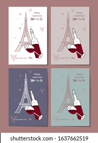 Wine Paris. Lovers in Paris. Kiss and romance. All is love and a bottle of wine. Vector image of wine, glass, heart and Eiffel tower.