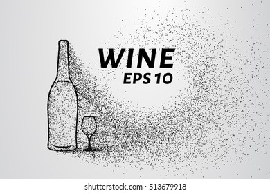 Wine of the particles. Bottle and a glass consists of circles and points.