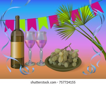 Wine party concept illustration - vector wine bottle with glasses and grapes