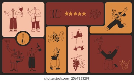 Wine party. Drinking people on bento grid box background. Tasting event on modular mosaic grid. Party with alcohol drinks. Women and men with wineglasses visit vineyard. Geometric vector illustration.