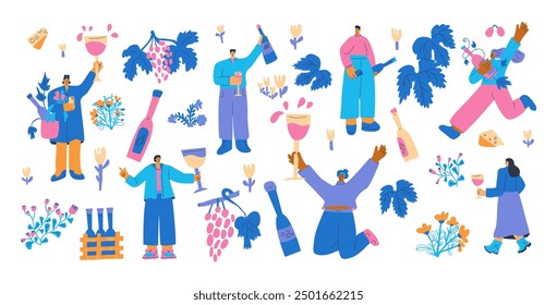 Wine party Festival Set. People drink vine with wineglasses and bottles. Gastronomy tour and sommelier course. Tasting alcohol. Vector hand drawn collection illustration isolated on white background.