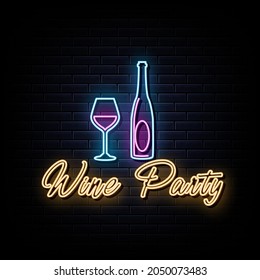 wine party neon signs vector. Design template neon sign