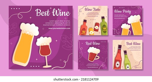 Wine Party Social Media Post Template Flat Cartoon Background Vector Illustration