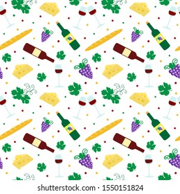 Wine party in the style of Beaujolais Nouveau in France. Vector greeting card pattern with glasses, bottles, cheese, grapes and leaves. Text Beaujolais day.