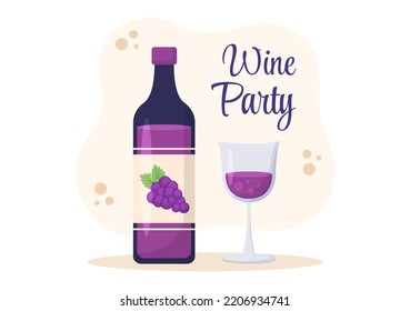 Plantilla de Wine Party dibujó ilustración plana con danza popular, sosteniendo una botella de champán y bebida en concepto de evento festivo