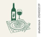 Wine and pasta hand drawn poster for wall art. Vector illustration