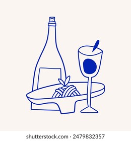 Wine and pasta hand drawn poster for wall art. Vector illustration